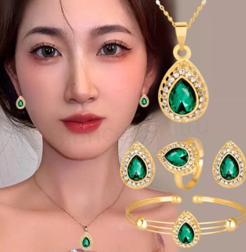 Souprava šperků kapka, slza s krystaly 4 kusy pozlacená zelená (BS108)