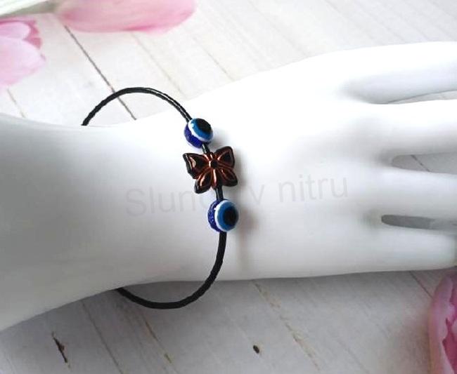 Kožený ozdobný náramek oko, motýl (BC590)