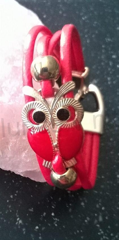 Pletený kožený náramek Sova červený (BC503)