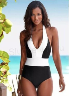 Dámské jednodílné plavky s výstřihem L černo‑bílé (K233)