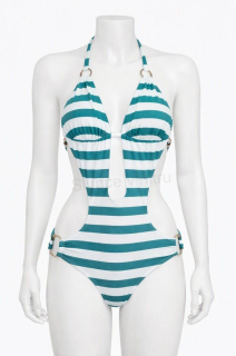 Dámské jednodílné plavky Monokini – lesklé zeleno‑bílé, velikost S (K359)