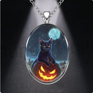 Nerezový náhrdelník s přívěškem černá kočka, dýně (BD793)