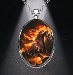 Nerezový náhrdelník černý kůň, plameny (BD798)
