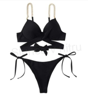 Dámské dvoudílné plavky Sheln – Push Up, černé s řetízkovými ramínky (S / EU 34–36) (K411)