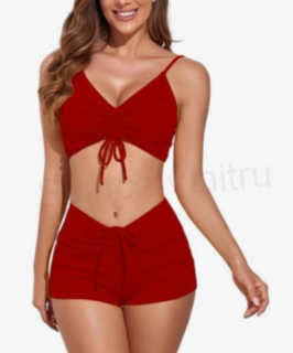 Dámské dvoudílné plavky Meioro – bordo, top s výstřihem do V + boxerky (L / EU 38–40) (K412)