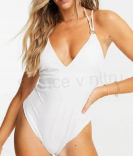 Dámské jednodílné plavky Boohoo – bílé, výstřih do V (46 / 2XL–3XL) (K432)