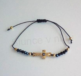 Šňůrkový náramek na ruku Swarovski elements se swarovski korálky černý kříž (BC584)