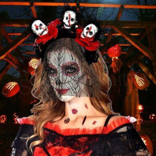 Halloween čelenka se závojem s lebkami a tetováním na obličej balení (K542)