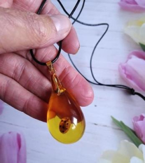Jantarový přívěšek s beruškou na kožené šňůrce (PP200)