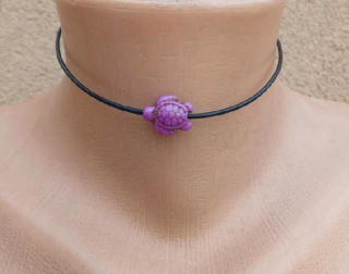 Náhrdelník choker kůže - tyrkys | želva fialová (BD936)