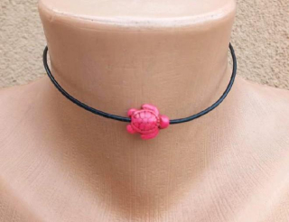 Náhrdelník choker kůže - tyrkys | želva růžová (BD937)