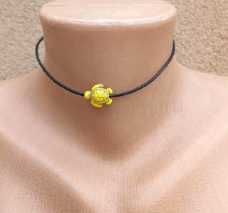 Náhrdelník choker kůže - tyrkys | želva žlutá (BD940)