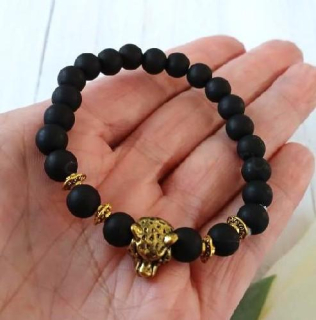 Minerální náramek černý achát s ozdpbpu leopard (X2118)