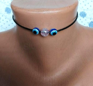 Náhrdelník choker kůže - korálky oko, korálek růžový (BD977)