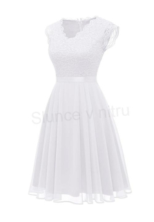 Bílé krajkové společenské šaty Dressystar – A‑line, krátké rukávy, velikost L (K685)
