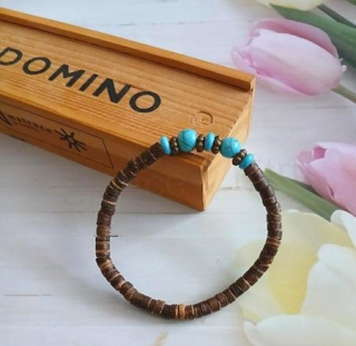 Korálkový kokosový dřevěný náramek hnědý s tyrkysovými korálky, korálky 5 mm (BC655)