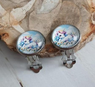 Náušnice klipsy jednorožec, kabošon 14 mm – nerez (BB981)