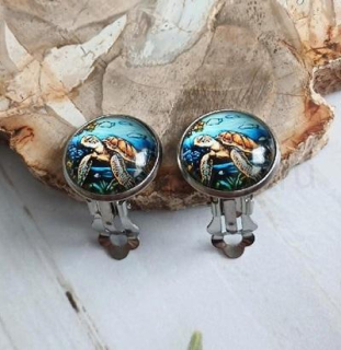 Náušnice klipsy želva, kabošon 14 mm – nerez (BB983)