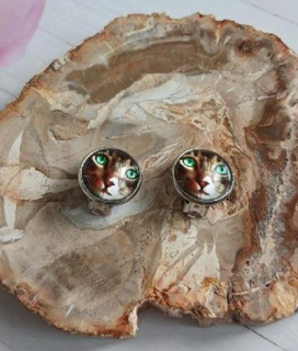 Náušnice klipsy kočka, kabošon 14 mm – nerez (BB993)
