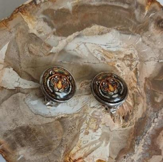 Náušnice klipsy tygr, kabošon 14 mm – nerez (BB1002)