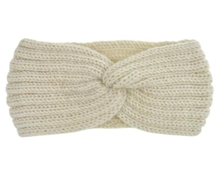 Háčkovaná zimní čelenka DRESHOW – tmavší bílá, turban uzel (K759)