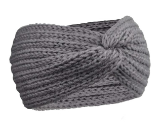 Háčkovaná zimní čelenka DRESHOW – tmavší šedá, turban uzel (K759)