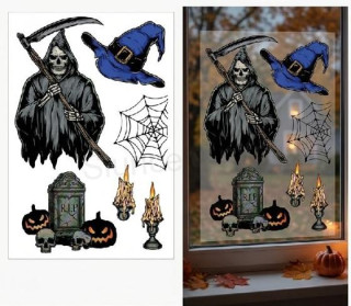 Halloween okenní fólie Smrtka, čarodějnický klobouk a dýně 30 × 20 cm (E1196)