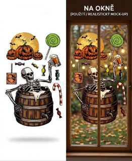 Halloween okenní fólie Kostlivec v sudu s dýněmi 30 × 20 cm (E1201)