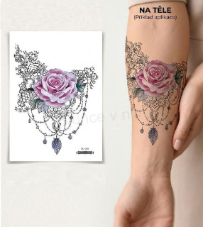 Elegantní dočasné tetování růžová růže s krajkovým ornamentem 21 × 15 cm (E1203)