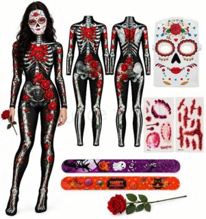 Halloween Dámský kostým Kostlivec s červenými růžemi Velikost L (K809)