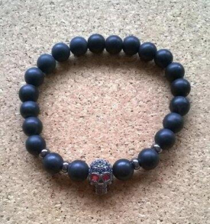 Minerální náramek s černým Achátem a Zirkony Skull (BC15)