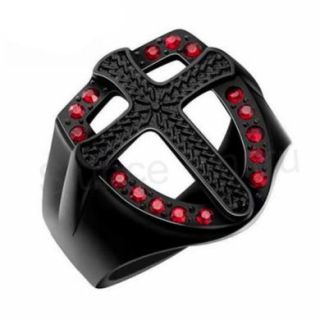 Pánský prsten templářský černý kříž s červenými křišťály (BP7)