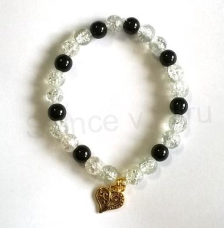 Minerální Náramek Onyx, Křišťál s přívěskem Srdíčka(BC49)