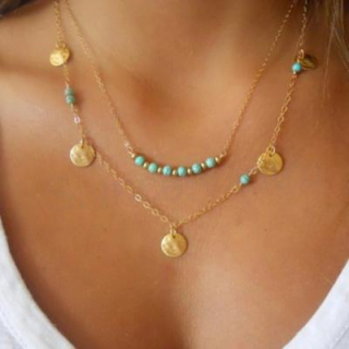 Vícevrstvý pozlacený minerální náhrdelník s tyrkenitem a ozdobami (X215)