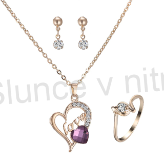 Pozlacená souprava šperků Srdce v srdci s fialovým krystalem (BS47)