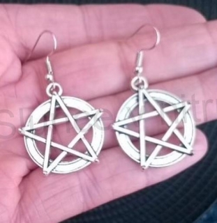 Dlouhé náušnice Čarodějnický Pentagram Ochrana -  stříbrné (BB414)