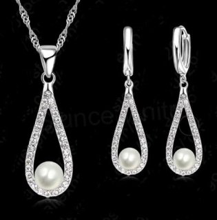 Postříbřená souprava kapka s perlou se zirkony (BE195)