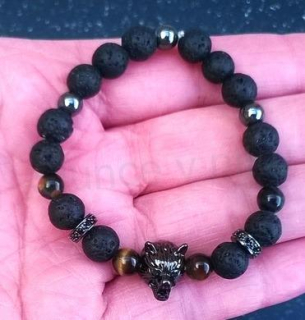 Minerální náramek s lávou, tygřím okem, hematitem a ozdobou vlka - wolf (X741)