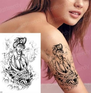 Voděodolné, dočasné tetovaní Dívka s flétnou a drakem (E615)