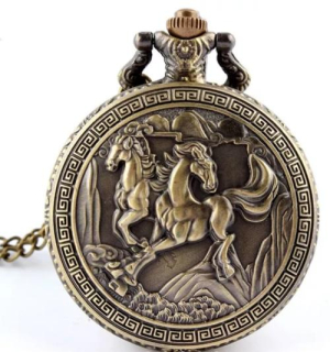 Kapesní cibulové hodinky s řetízkem - Běžicí koně (H336)
