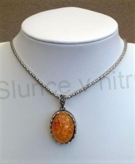 Popcornový postříbřený náhrdelník s Jantarem (X1234)